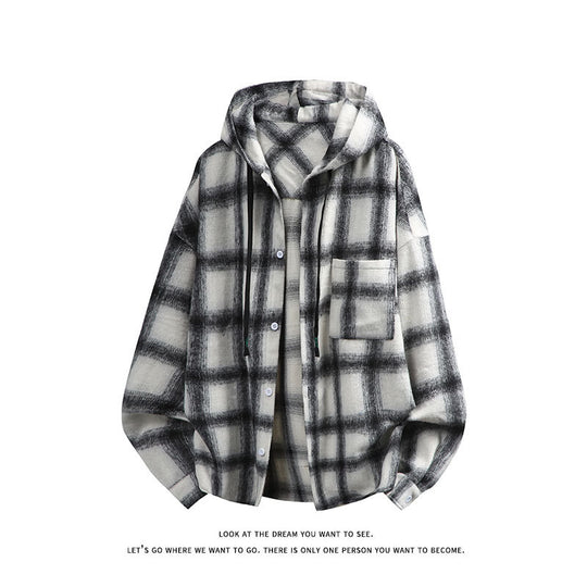 Unisex oversized Kapuzen-Hemdjacke aus Flanell mit Karomuster und Brusttasche Shop Nory
