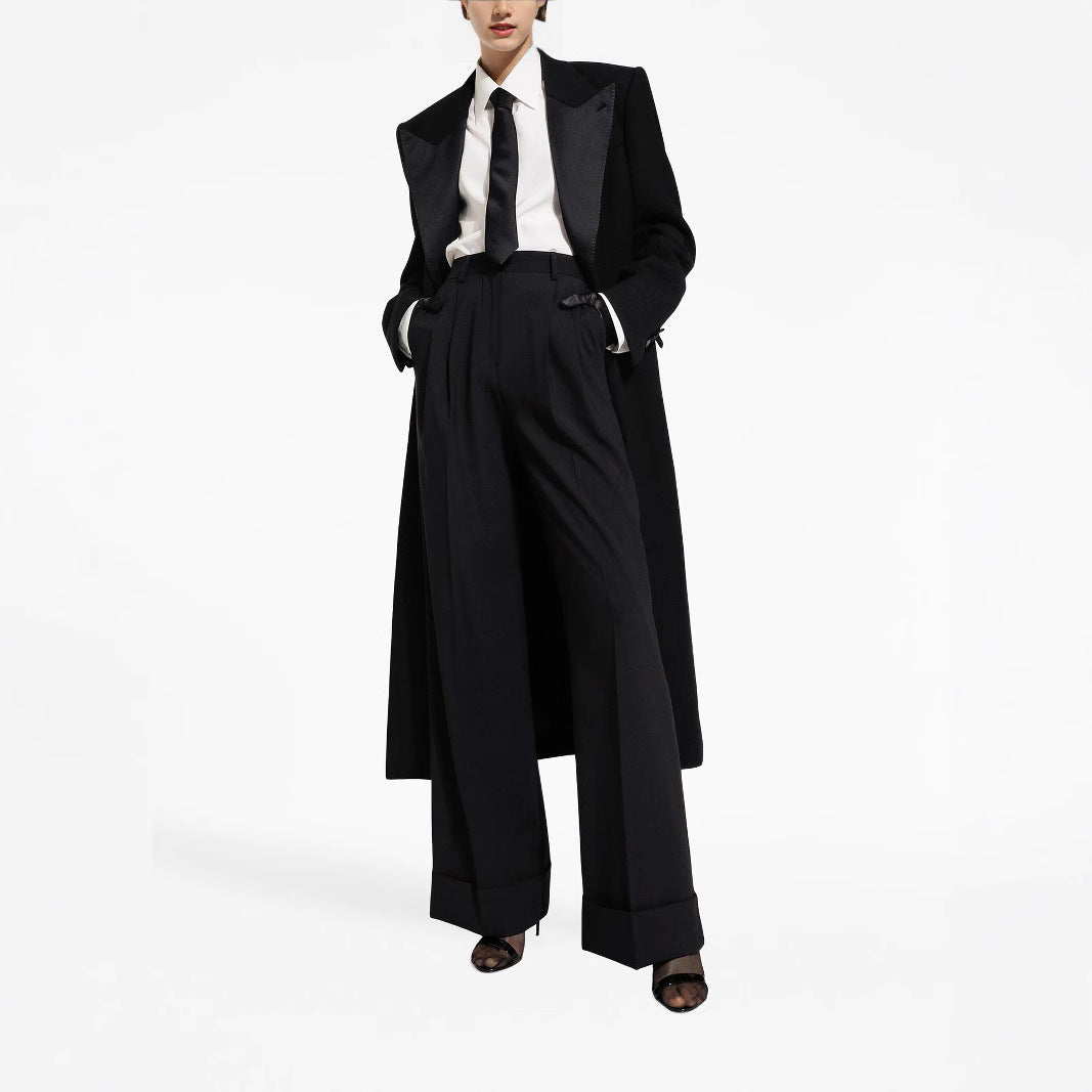 Damen Eleganter Smoking-Hosenanzug mit langem Mantel und weiten Bundfaltenhosen Shop Nory