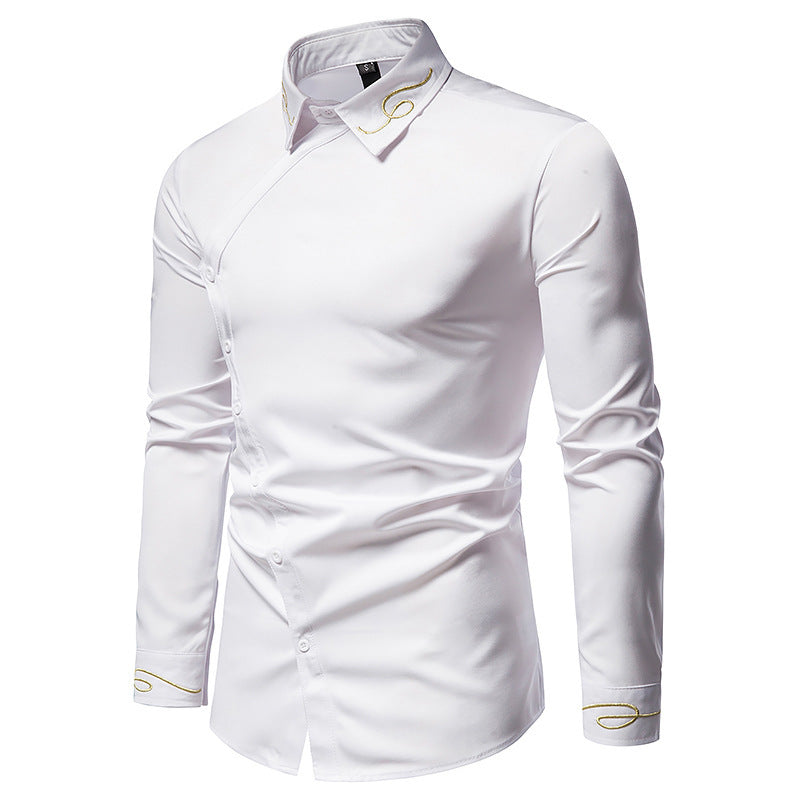 Herren Elegantes Langarmhemd mit asymmetrischem Knopfdesign und gesticktem Kragen