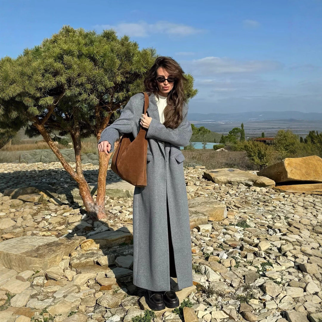 Damen Langmantel aus Wollmix mit Oversize-Silhouette, Schalkragen und aufgesetzten Taschen Shop Nory