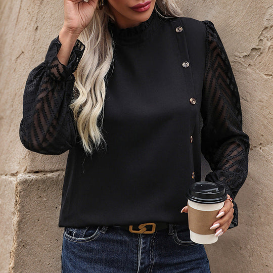 Damen Bluse mit eleganten transparenten Ärmel und Knopfdetails