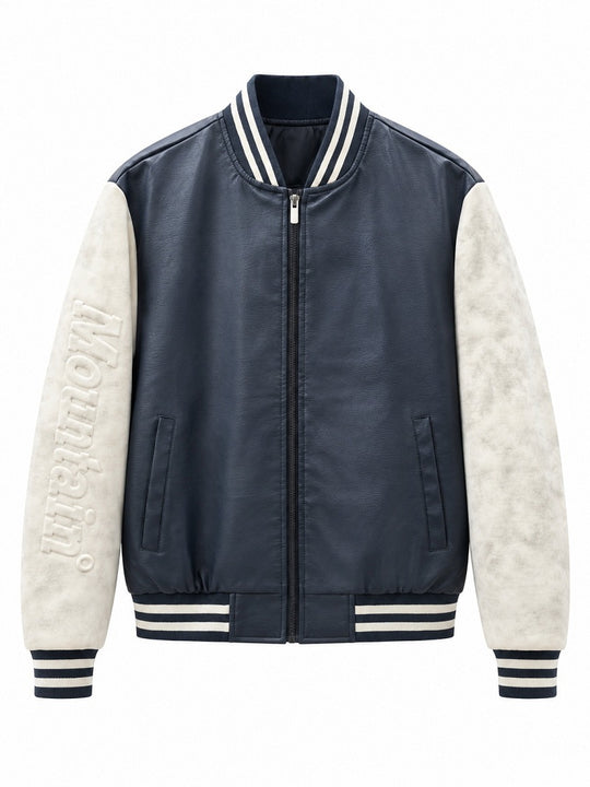 Herren Varsity‑Bomberjacke im College‑Stil mit Lederimitatkörper und kontrastierenden Wildlederärmeln Shop Nory