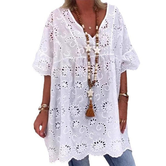 Damen Bluse mit floralen Stickereien und weiten Ärmeln