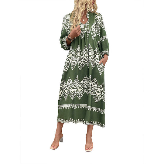 Damen Langes Boho‑Maxikleid mit lockerer A‑Linie, U‑Ausschnitt und aufgesetzten Taschen Shop Nory