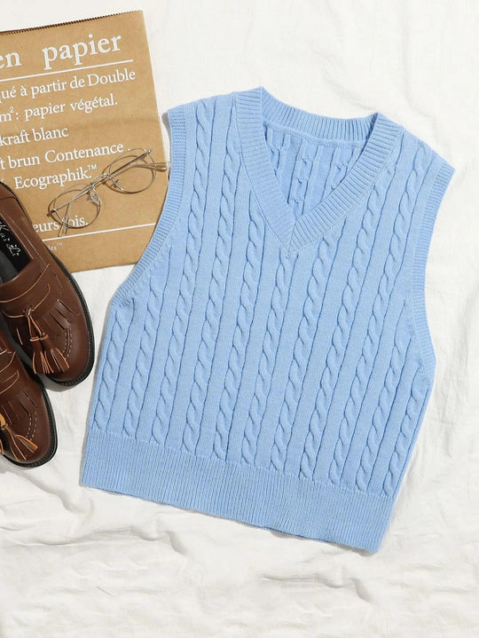 Damen Klassische Zopfmuster-Strickweste mit schmaler Passform und V-Ausschnitt Shop Nory
