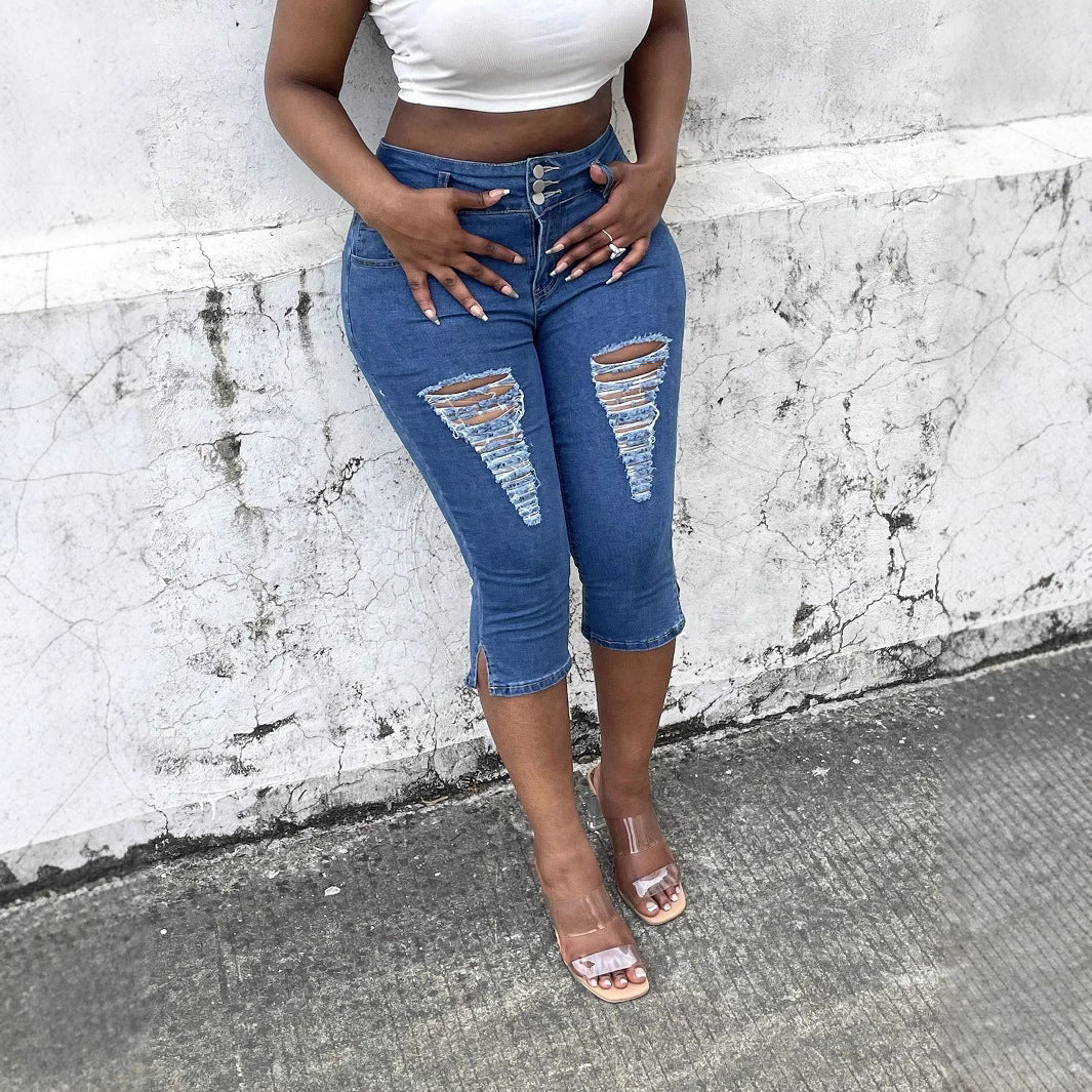 Damen Hochtaillierte, dreiviertellange Stretch-Jeans mit Destroyed-Einsätzen und seitlichem Saumschlitz Shop Nory