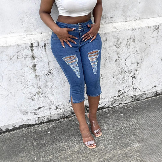 Damen Hochtaillierte, dreiviertellange Stretch-Jeans mit Destroyed-Einsätzen und seitlichem Saumschlitz Shop Nory
