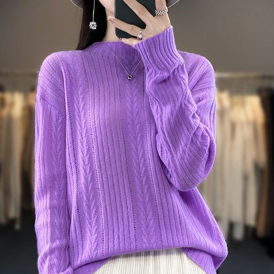Damen Kaschmirähnlicher Feinstrick-Mockneckpullover mit Ajour‑Zopfmuster und lässiger Oversize‑Passform Shop Nory