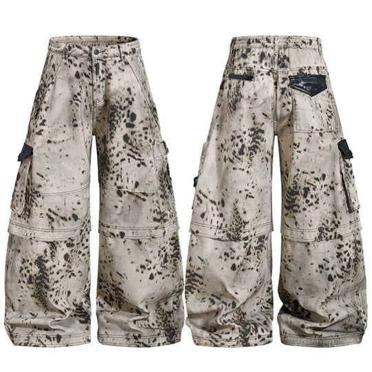 Damen weite Cargo-Culotte-Hose mit Batik-Splatterprint und Multi-Taschen Shop Nory
