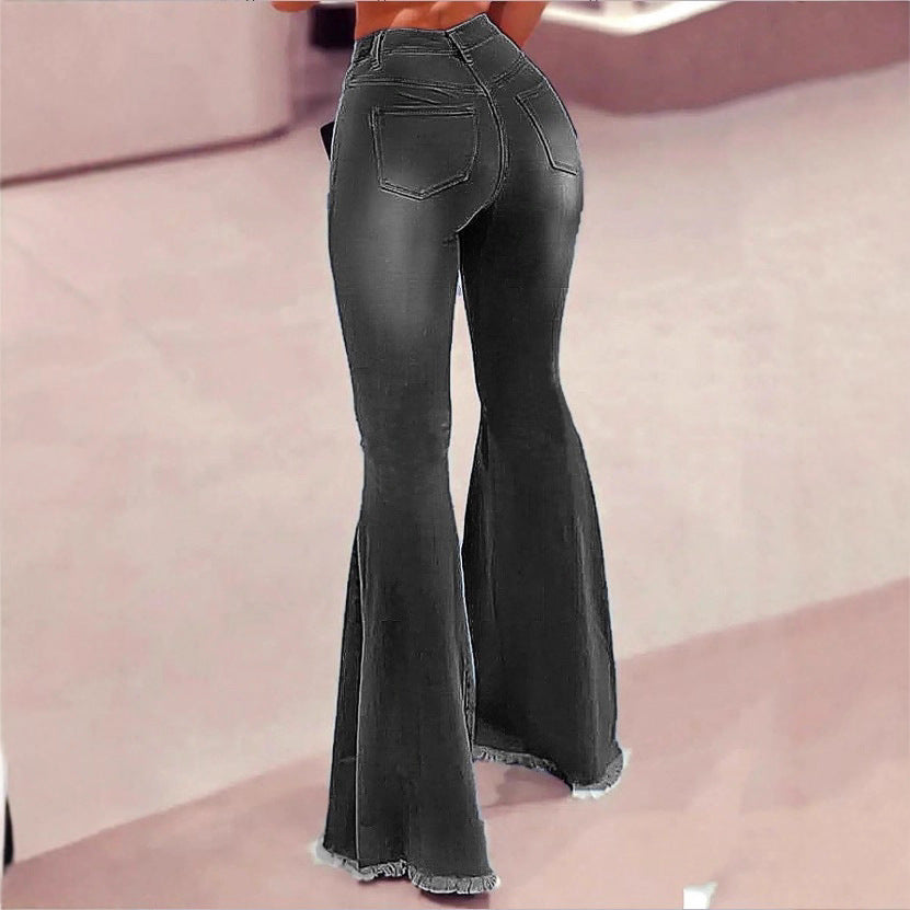 Damen Hochtaillierte Flared-Jeans mit Knie-Rissen, Fransen-Saum und ausgestelltem Bein Shop Nory
