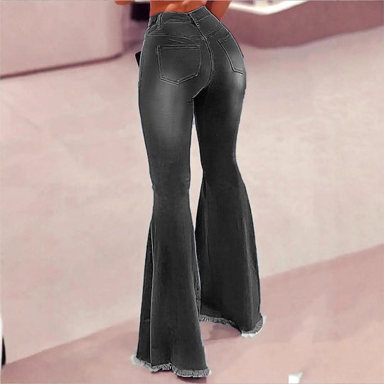Damen Hochtaillierte Flared-Jeans mit Knie-Rissen, Fransen-Saum und ausgestelltem Bein Shop Nory