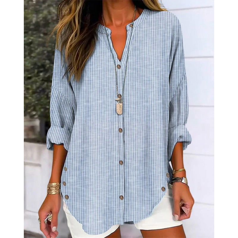 Damen Langarm Blusenshirt mit Knopfleiste und asymmetrischem Saum