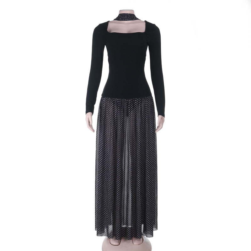 Damen Langärmeliges Maxikleid mit taillierter Silhouette, eckigem Ausschnitt und transparentem Chiffon‑Überrock Shop Nory