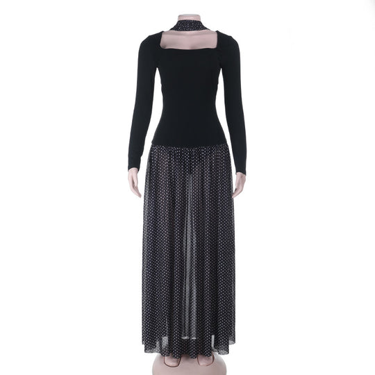 Damen Langärmeliges Maxikleid mit taillierter Silhouette, eckigem Ausschnitt und transparentem Chiffon‑Überrock Shop Nory