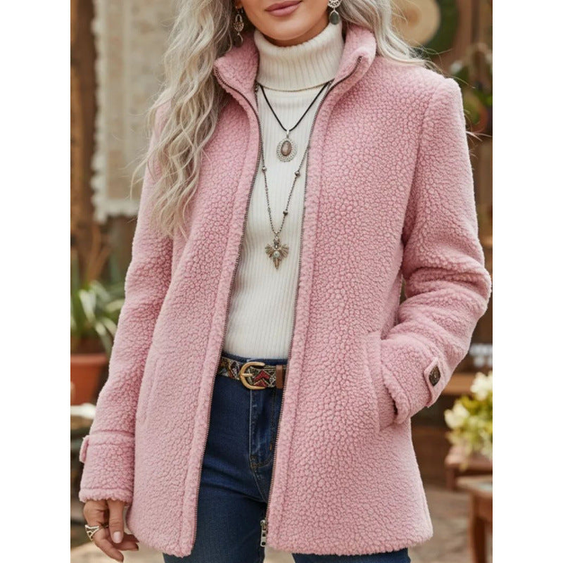 Damen Kuscheliger Teddy-Cardigan-Mantel mit Stehkragen, verdecktem Reißverschluss und Zierknopfmanschetten Shop Nory