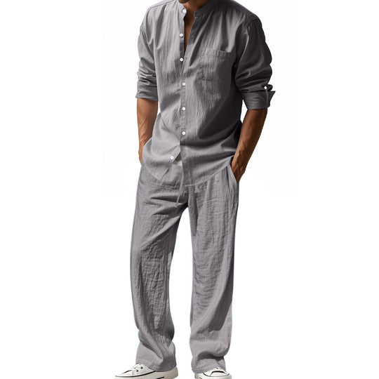 Herren nan legeres Leinen-Relax-Set mit Stehkragen-Hemd und weitem Kordelbund-Hose Shop Nory