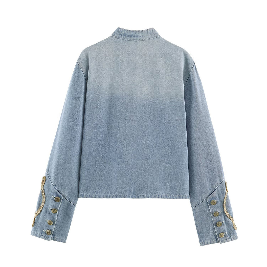 Damen Kurz geschnittene Jeansjacke im Military‑Stil mit dekorativen Kordelapplikationen Shop Nory