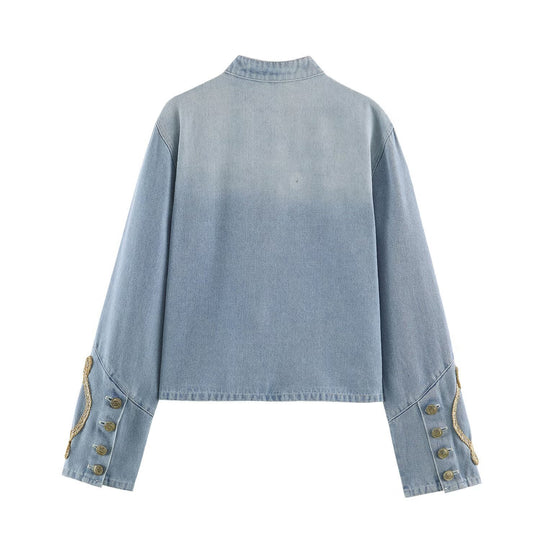 Damen Kurz geschnittene Jeansjacke im Military‑Stil mit dekorativen Kordelapplikationen Shop Nory