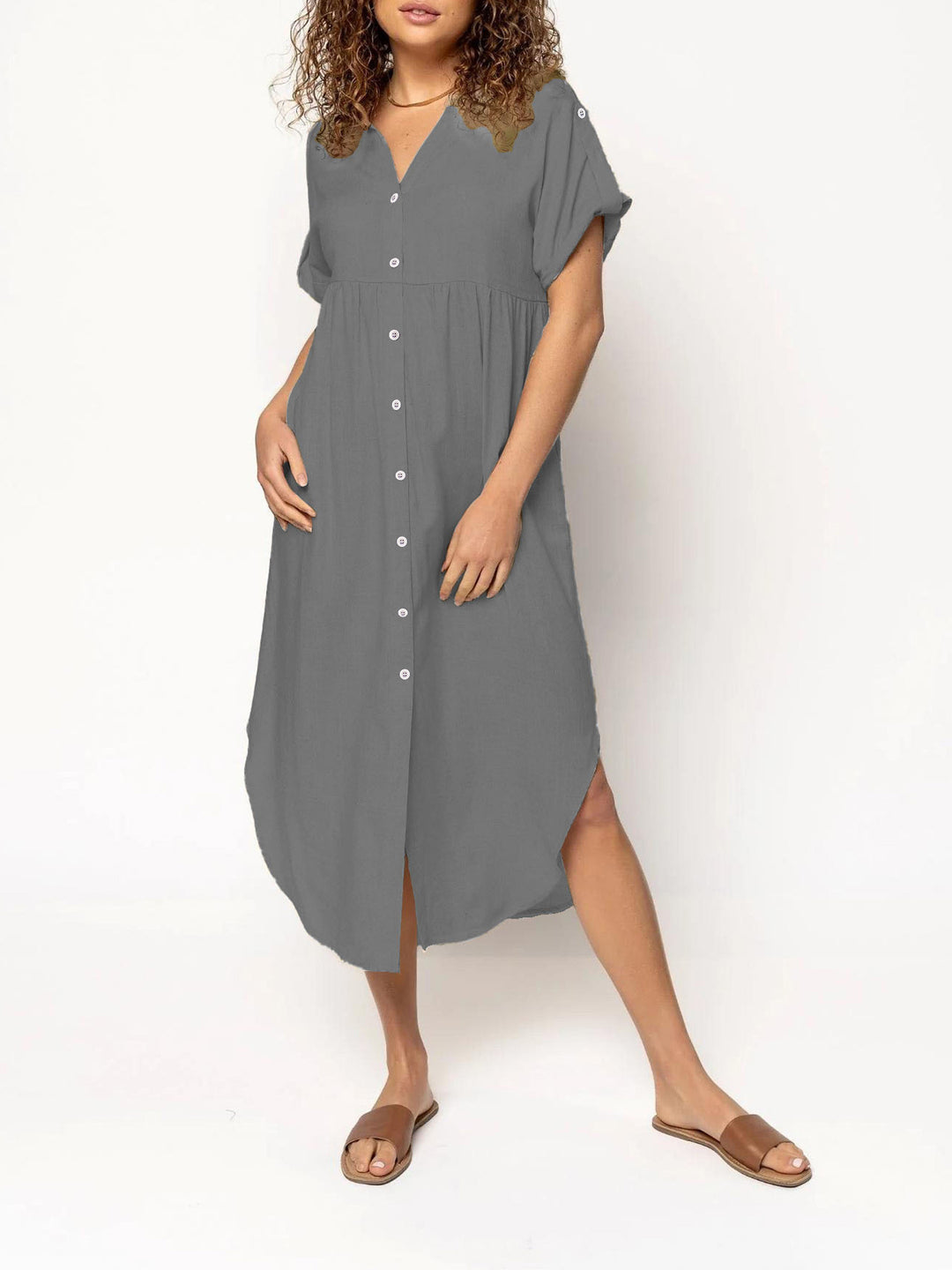 Damen Midikleid mit Knopfleiste, V‑Ausschnitt und legerer Babydoll-Passform Shop Nory