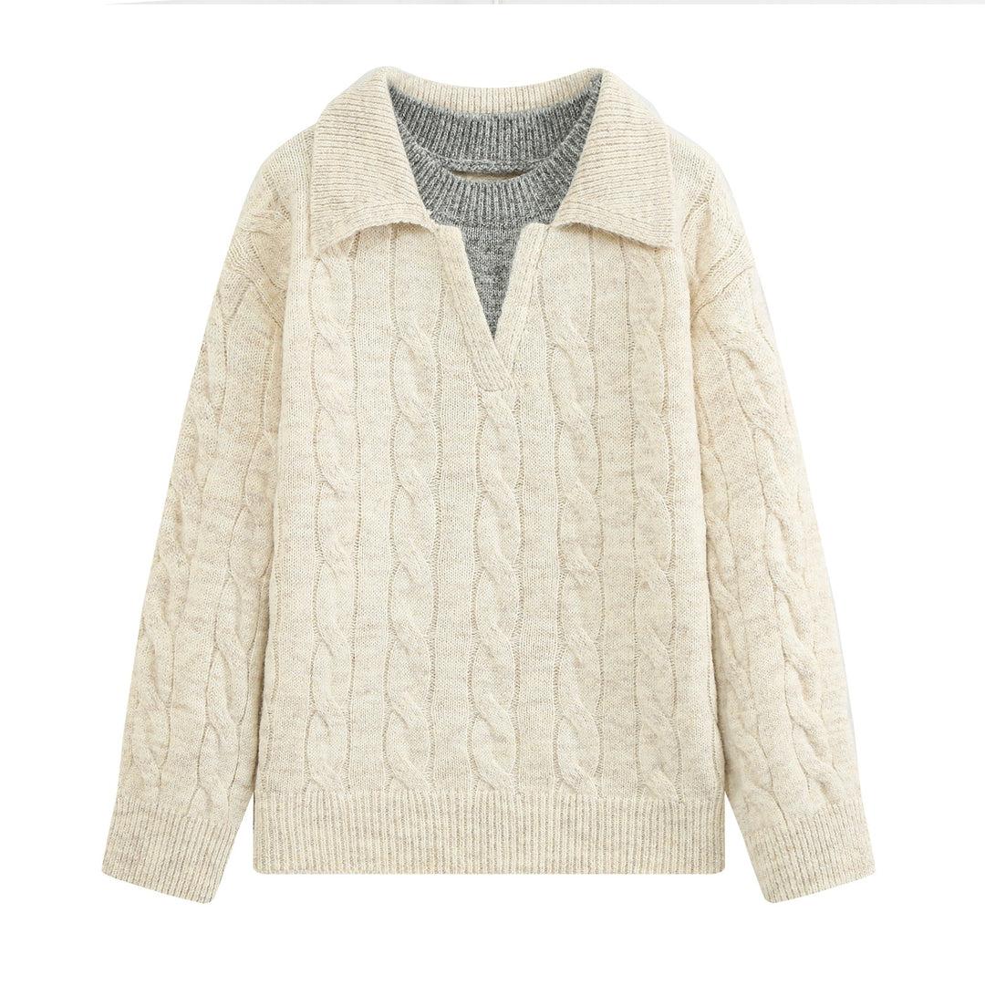Damen Grobgestrickter Zopfmuster-Pullover mit offenem Polokragen und V‑Ausschnitt Shop Nory