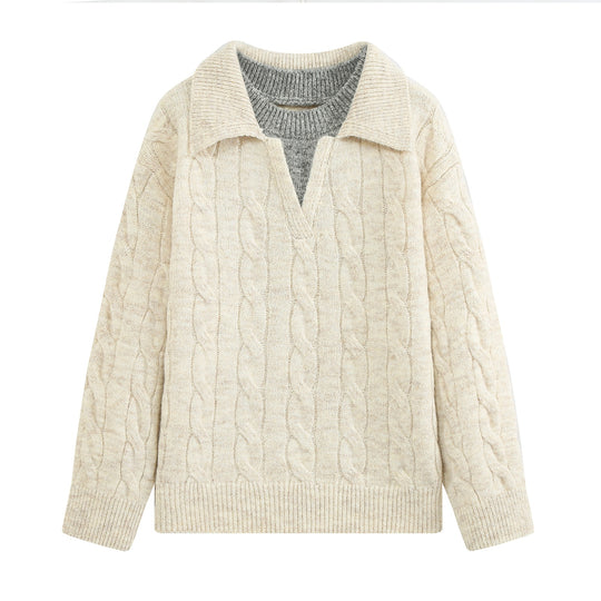 Damen Grobgestrickter Zopfmuster-Pullover mit offenem Polokragen und V‑Ausschnitt Shop Nory