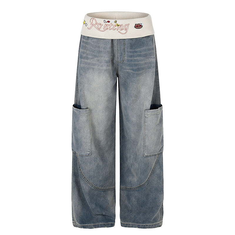 Damen Weite Denim-Palazzo-Cargo-Hose mit Komfort-Rippbund und aufgesetzten Taschen Shop Nory