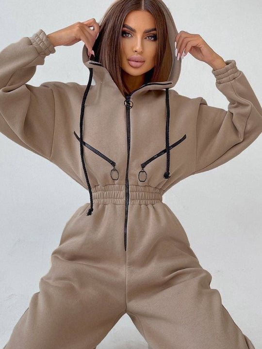 Damen Taillierter Kapuzen-Sweat-Jumpsuit mit Reißverschluss und elastischem Taillenbund Shop Nory