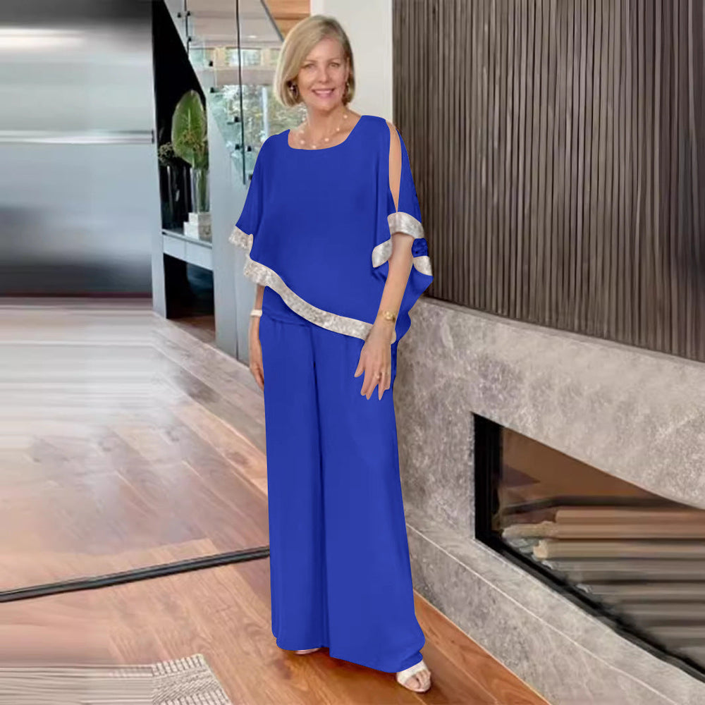 Damen elegantes Zweiteiler-Outfit mit luftiger Bluse und weitem Hosenstil Shopnory