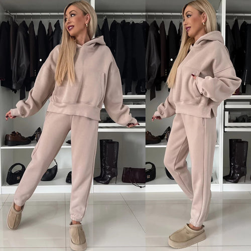 Damen Kurzgeschnittenes Kapuzen-Hoodie und High‑Waist Jogginghose Set aus weichem French-Terry Shop Nory