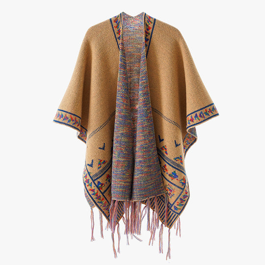 Damen Grobstrick-Poncho mit eingewebter Ethno‑Bordüre und Fransen Shop Nory
