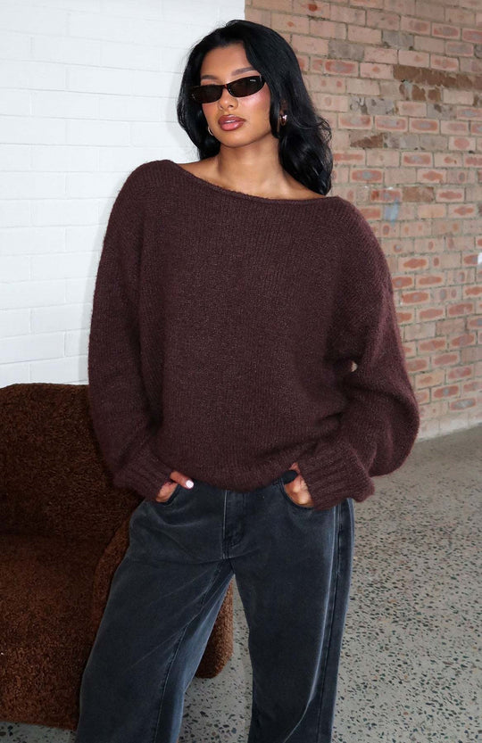 Damen Oversize Bouclé-Pullover mit weitem Boot-Ausschnitt und gerippten Bündchen Shop Nory