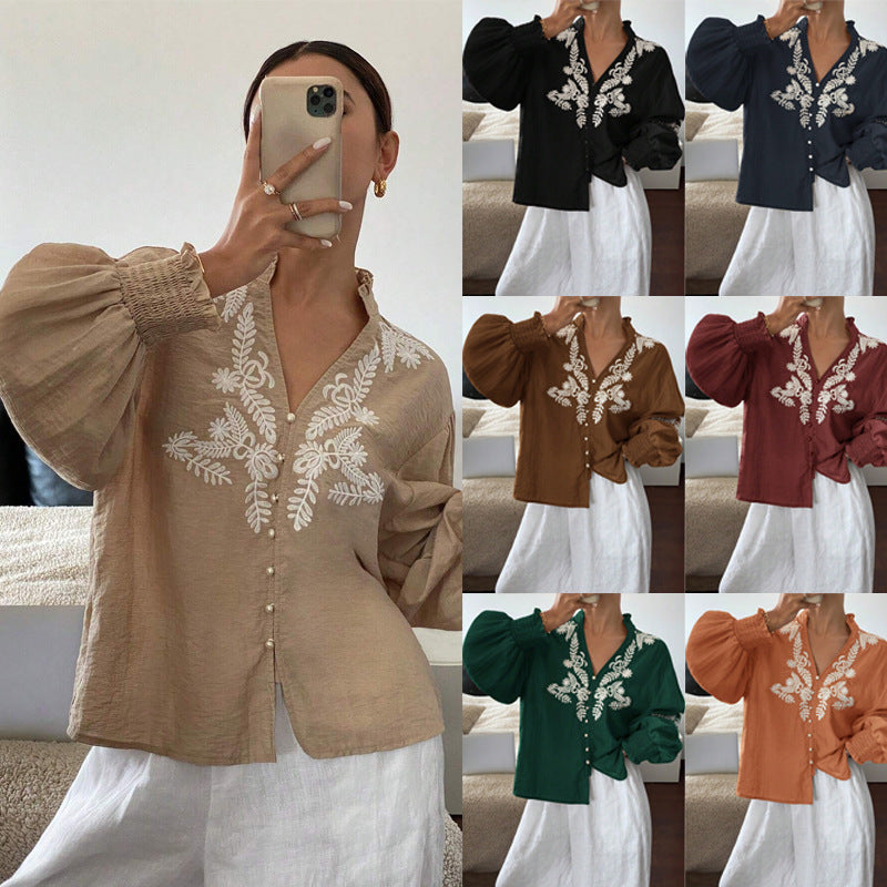 Damen Boho-Bluse mit Puffärmeln, Stickerei und Perlenknöpfen Shop Nory