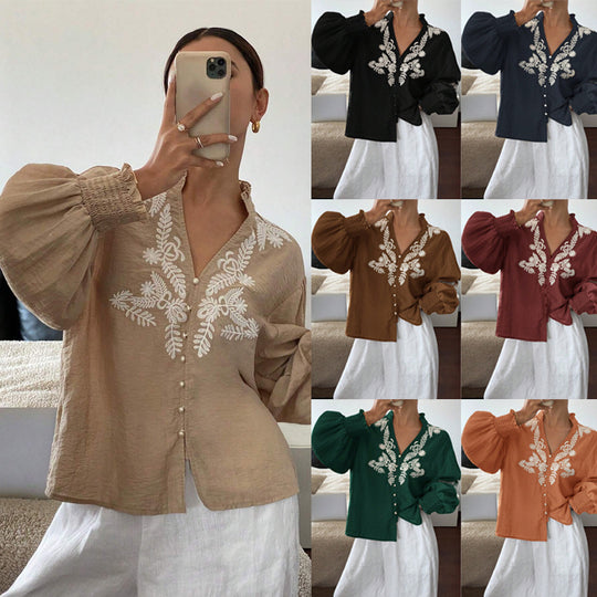 Damen Boho-Bluse mit Puffärmeln, Stickerei und Perlenknöpfen Shop Nory
