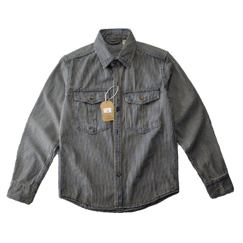 Herren Leichte gestreifte Denim-Worker-Hemdjacke mit aufgesetzten Pattentaschen Shop Nory