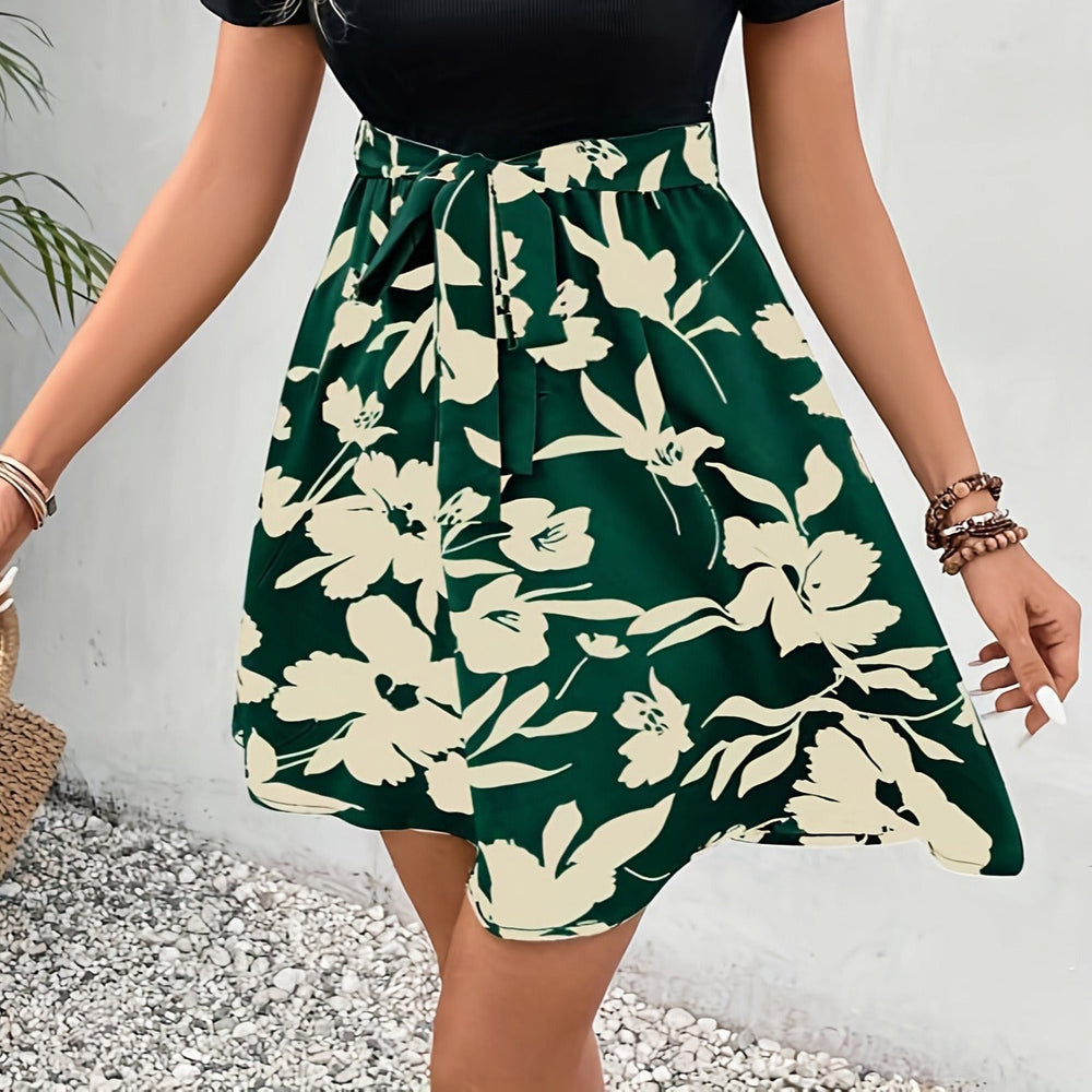 Damen A-Linien Rock mit floralem Design und dekorativem Bindegürtel