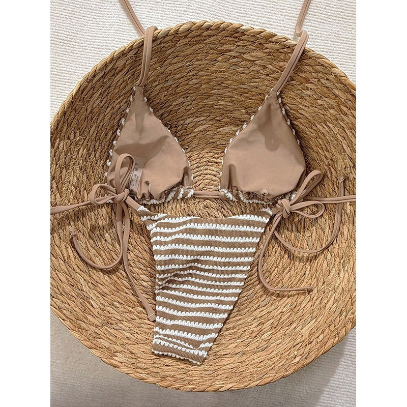 Damen Triangel-Bikini mit modischem Streifenmuster und verstellbaren BindShopnoryändern Shopnory