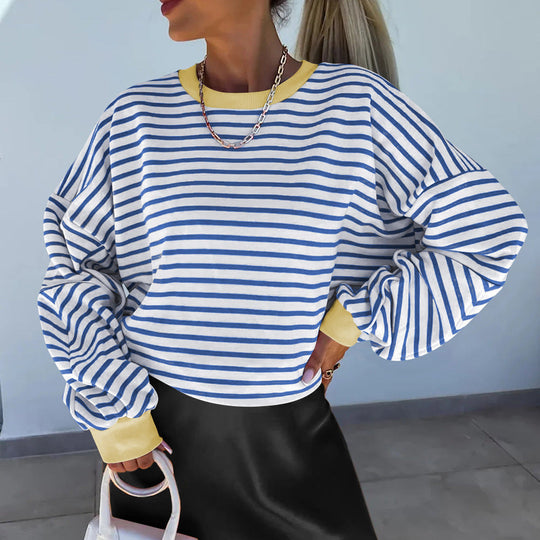 Damen lässiges gestreiftes Sweatshirt mit Boxy-Schnitt und kontrastierenden Abschlüssen Shop Nory