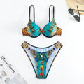 Damen Push-Up Bikini-Set mit exotischem Pfauenmuster und eleganten Schmuckdetails Shopnory