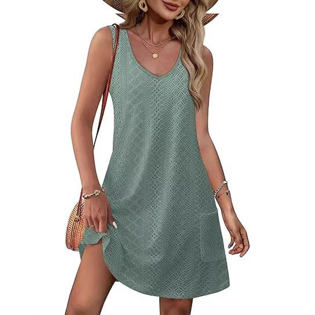 Damen Freizeitkleid mit Taschen und V-Ausschnitt Shopnory