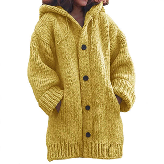 Damen Langgezogener Grobstrick-Mantelcardigan mit Kapuze, überschnittener Schulter und großen Knöpfen Shop Nory
