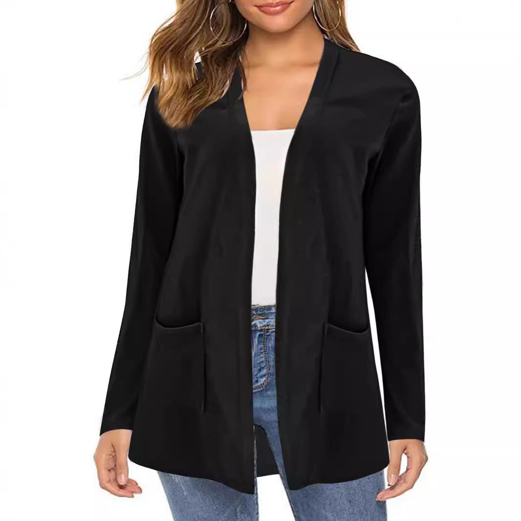 Damen Langer Offener Feinstrickcardigan mit Eingrifftaschen und dezentem V‑Ausschnitt Shop Nory