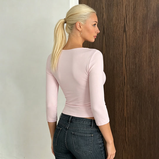 Damen nan tailliertes Langarmshirt mit tiefem V-Ausschnitt und eingesetzter Volant-Rüsche Shop Nory