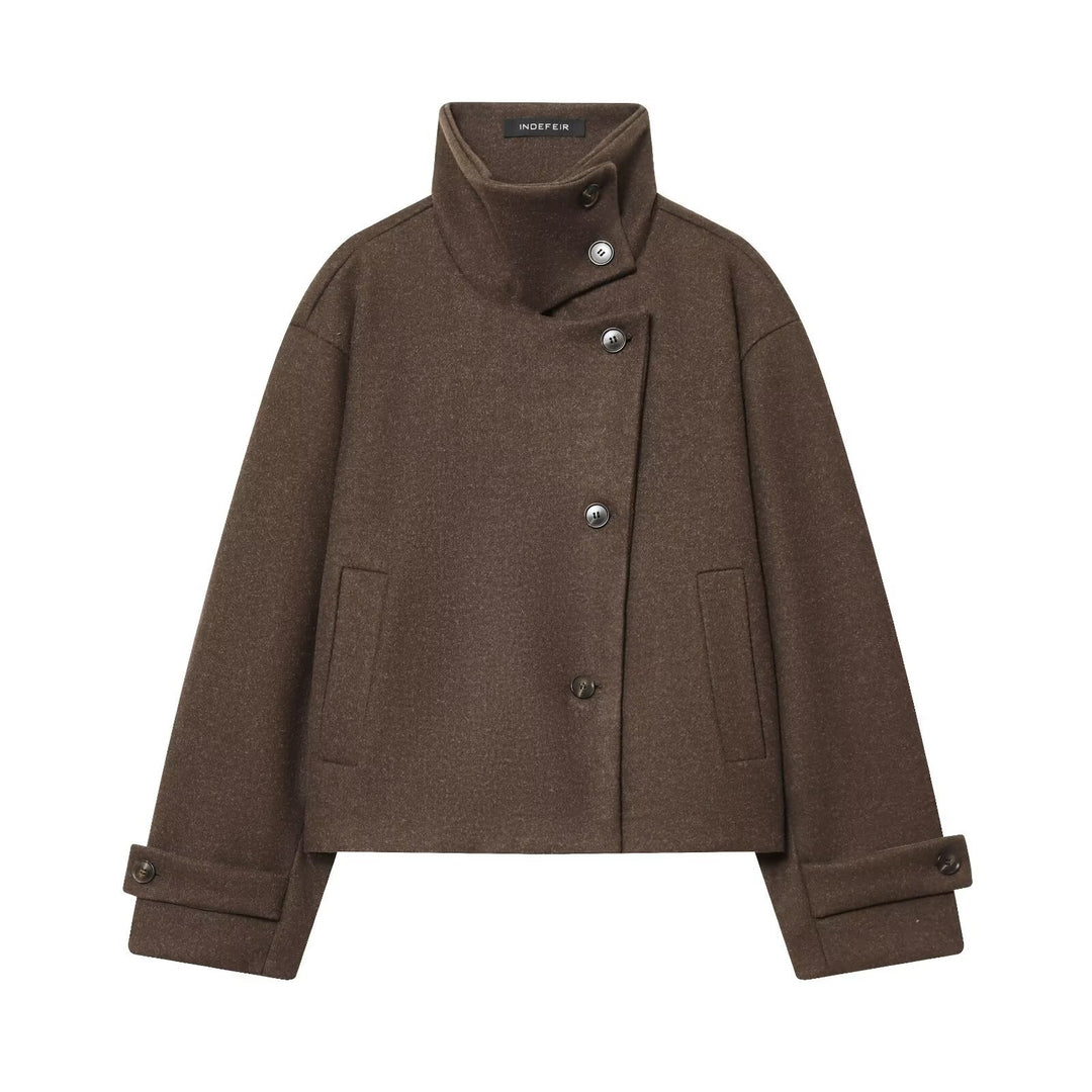 Damen Kurzer kastiger Wollmantel mit asymmetrischer Knopfleiste und Stehkragen Shop Nory