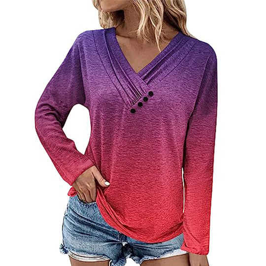 Damen Gerippter V-Ausschnitt Pullover mit Farbverlauf, Zierknöpfen und legerer Passform Shop Nory