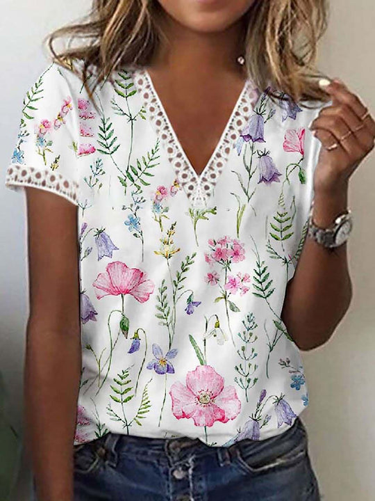 Elegantes T-Shirt mit Kurzen Ärmeln und V-Ausschnitt Print für Damen