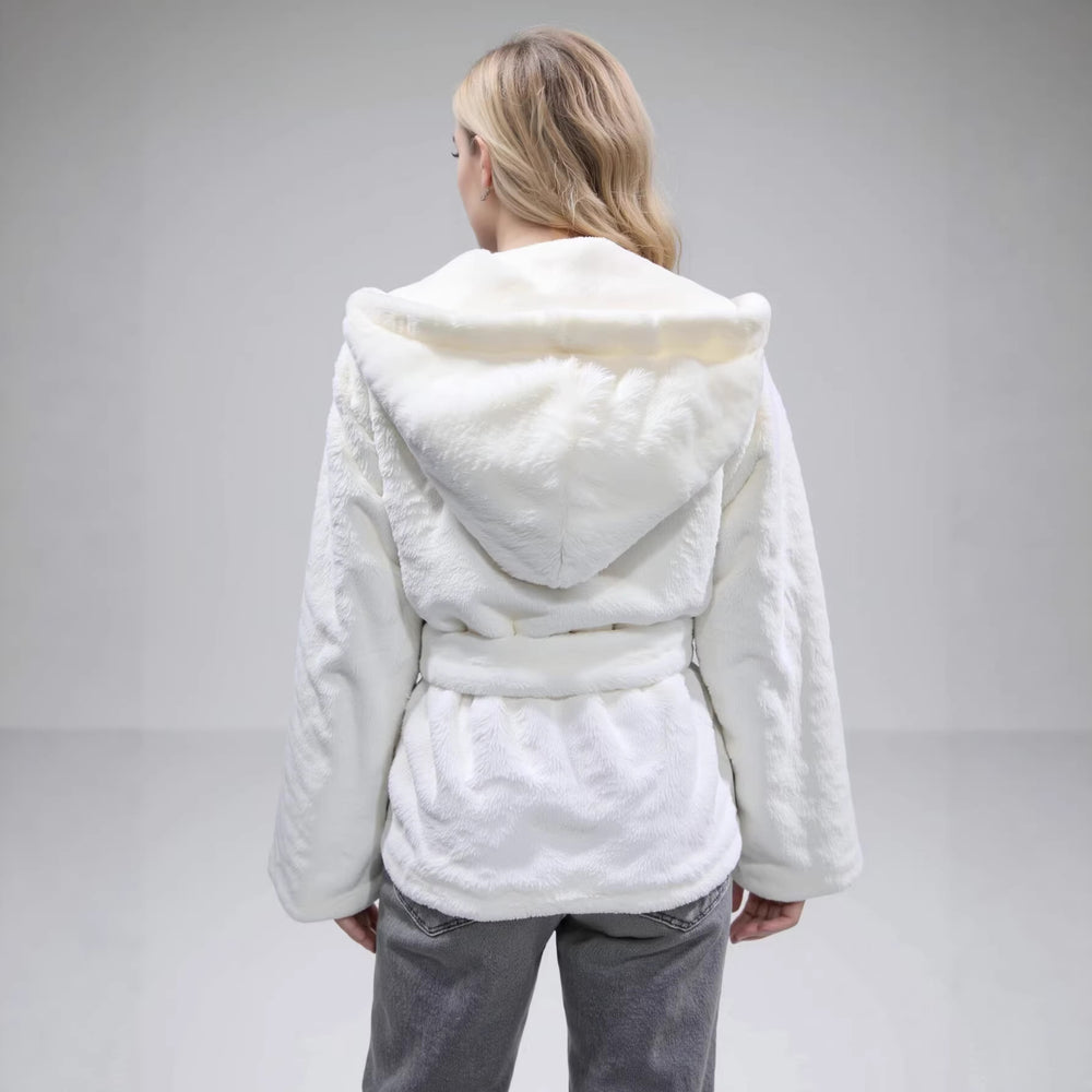 Damen Kuschelige Kunstfell-Kurzjacke mit Schalkapuze und Schleifen-Taillengürtel Shop Nory