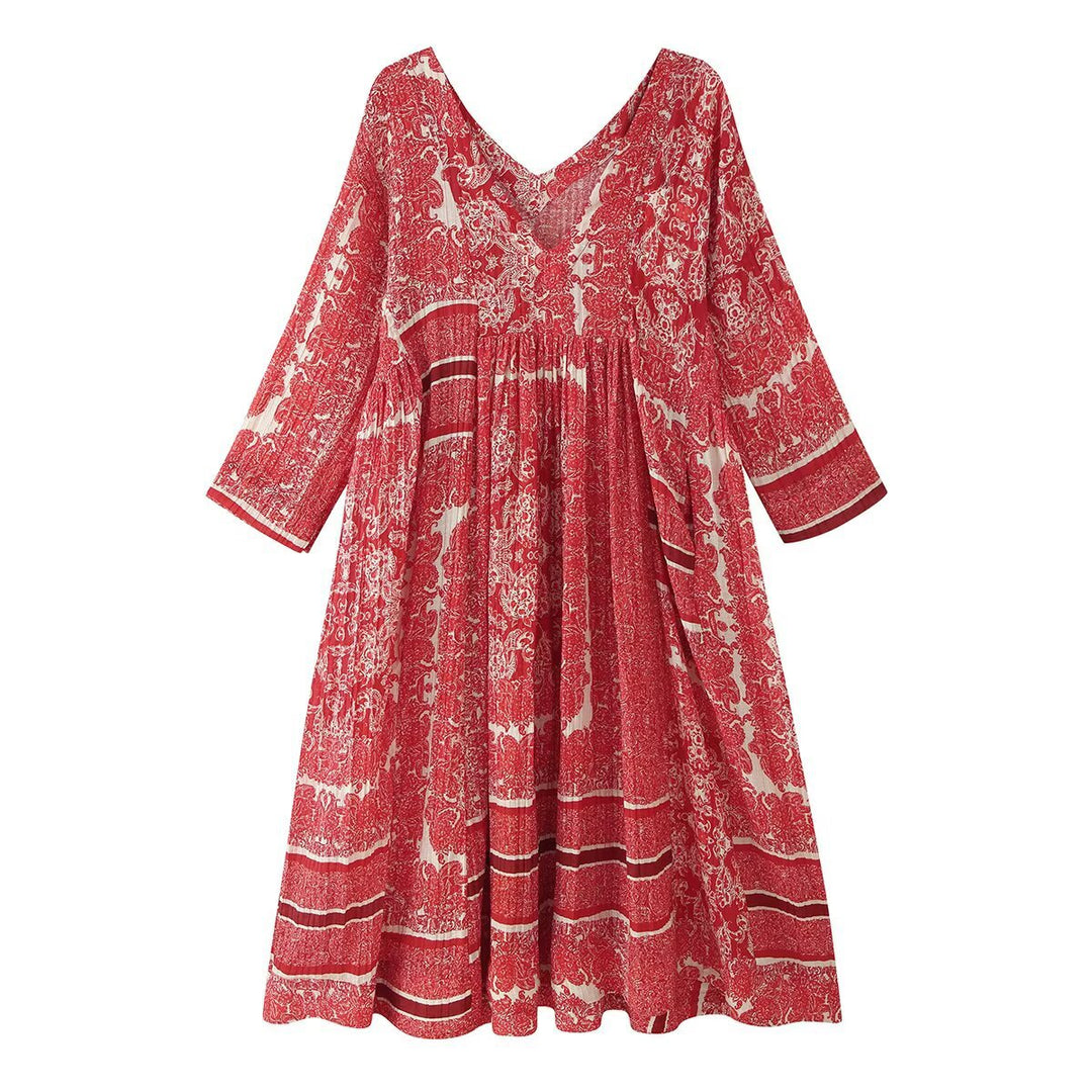 Damen Langes Boho-Maxikleid mit V-Ausschnitt und geraffter Empire-Taille Shop Nory