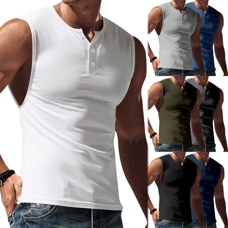 Herren nan ärmelloses Muskelshirt mit Henley-Knopfleiste, tiefem Armausschnitt und elastischem Baumwollmix