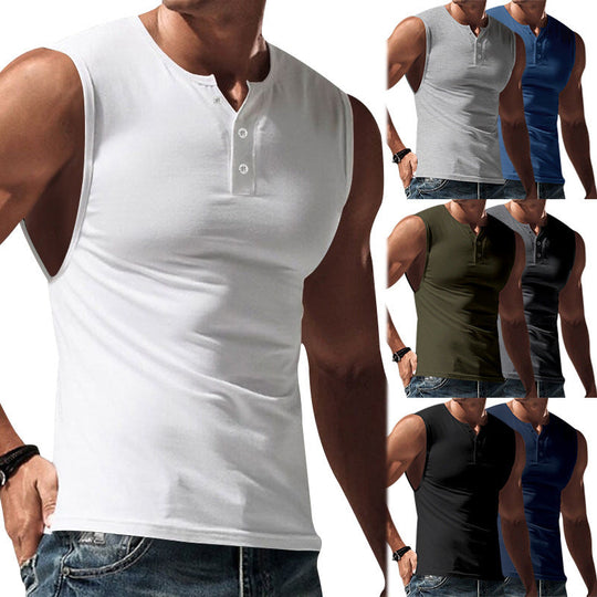 Herren nan ärmelloses Muskelshirt mit Henley-Knopfleiste, tiefem Armausschnitt und elastischem Baumwollmix