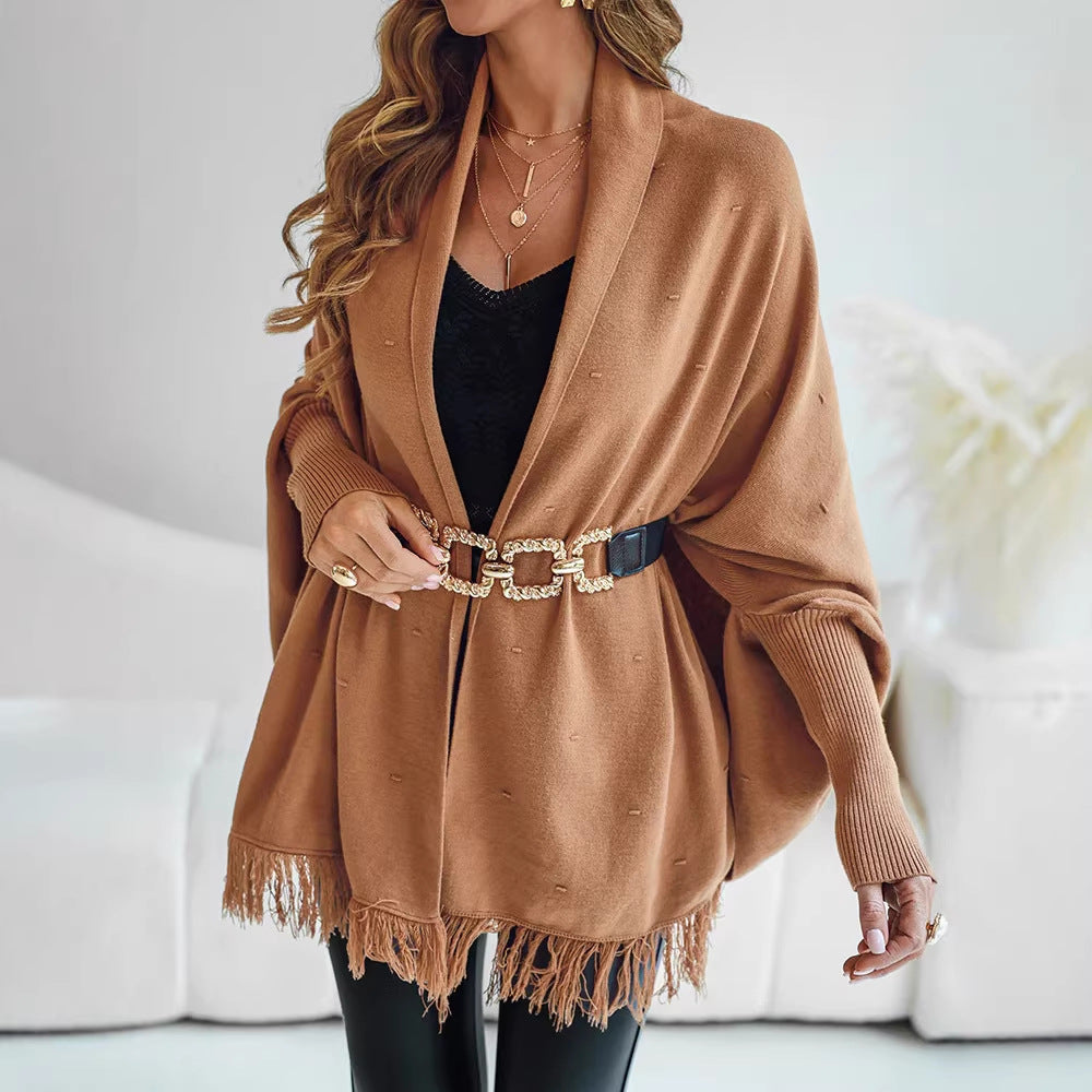 Damen Fransen‑Poncho‑Cardigan mit dekorativem Taillengürtel und Rippbündchen Shop Nory